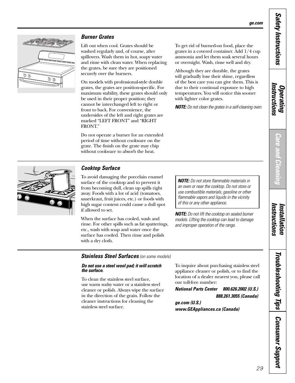 Burner grates, Cooktop surface, Stainless steel surfaces | GE JGBP31 User Manual | Page 29 / 56