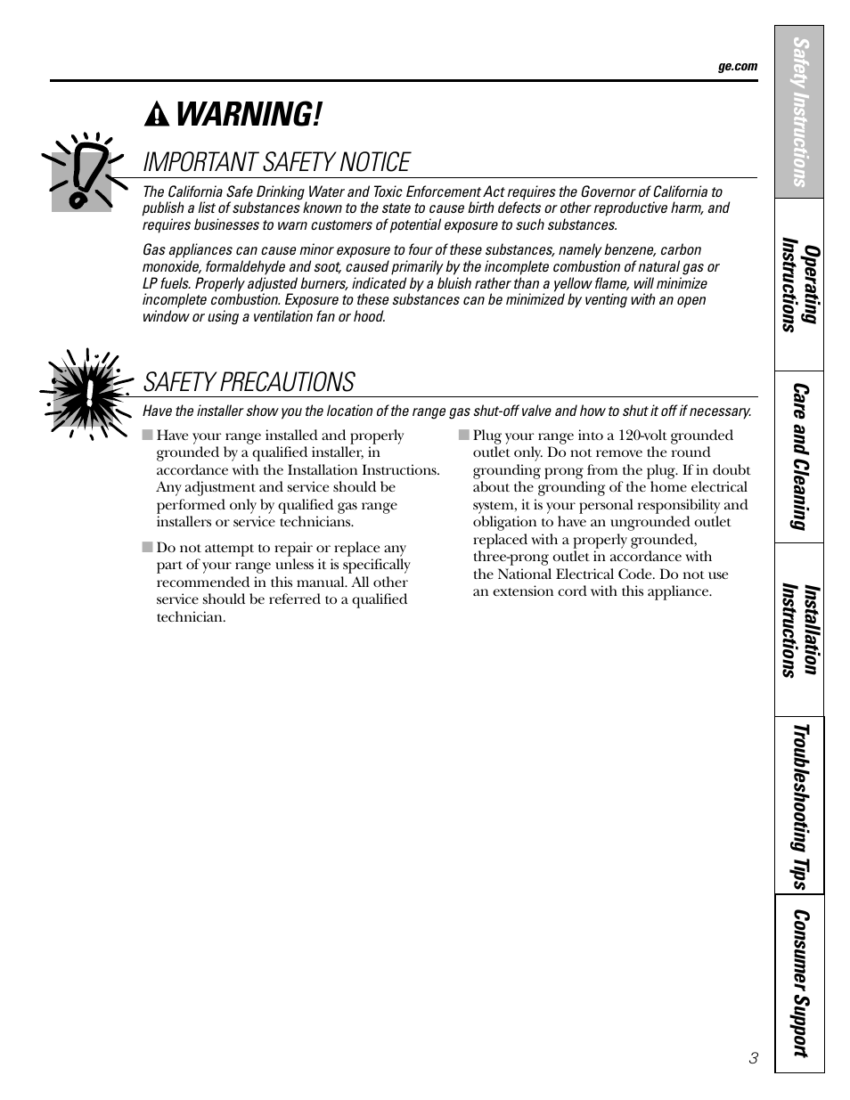 Warning, Safety precautions important safety notice | GE JGBP31 User Manual | Page 3 / 56