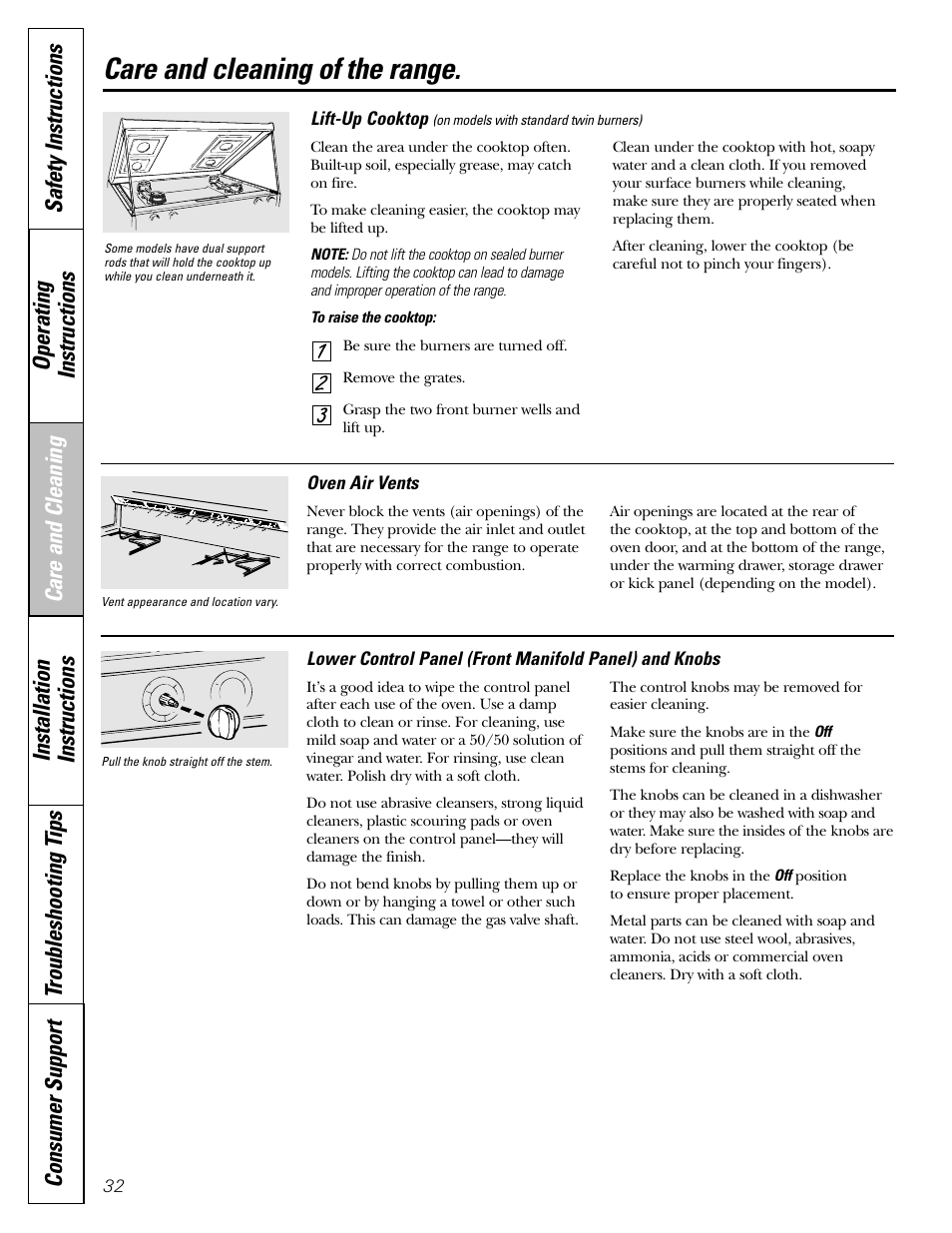 Control panel and knobs, Lift-up cooktop, Oven vents | Care and cleaning of the range | GE JGBP31 User Manual | Page 32 / 56