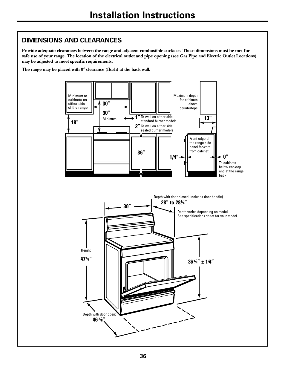 Dimensions and clearances, Dimensions and clearances .36, Installation instructions | GE JGBP31 User Manual | Page 36 / 56
