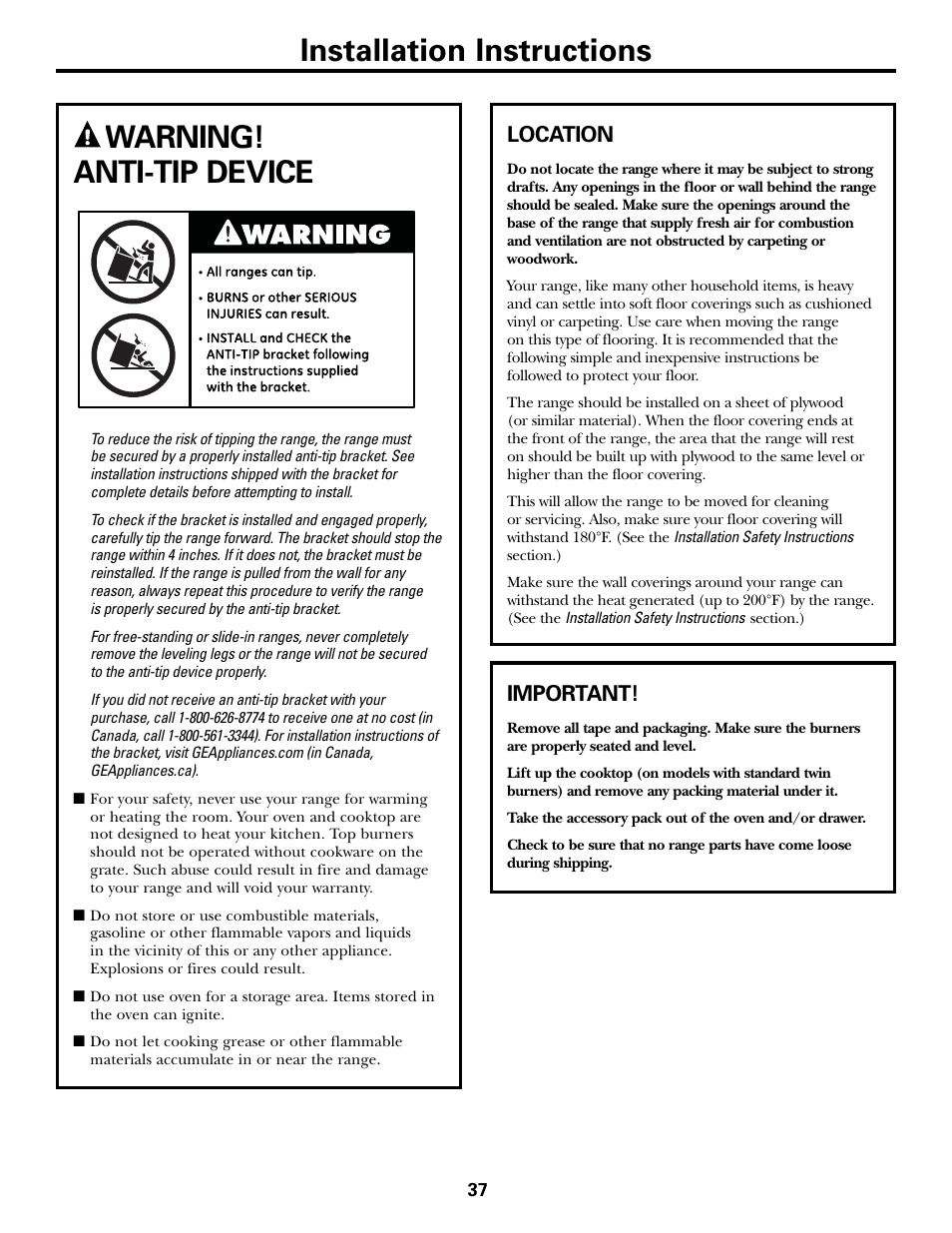 Anti-tip device, Location, Anti-tip device , 45 | Installation instructions, Warning! anti-tip device, Important | GE JGBP31 User Manual | Page 37 / 56