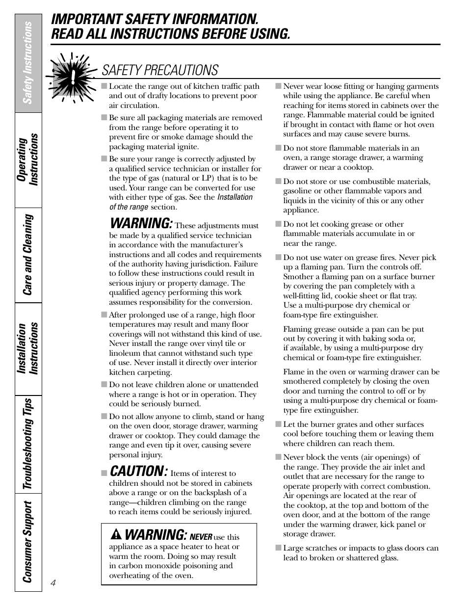 Warning, Caution, Safety precautions | GE JGBP31 User Manual | Page 4 / 56