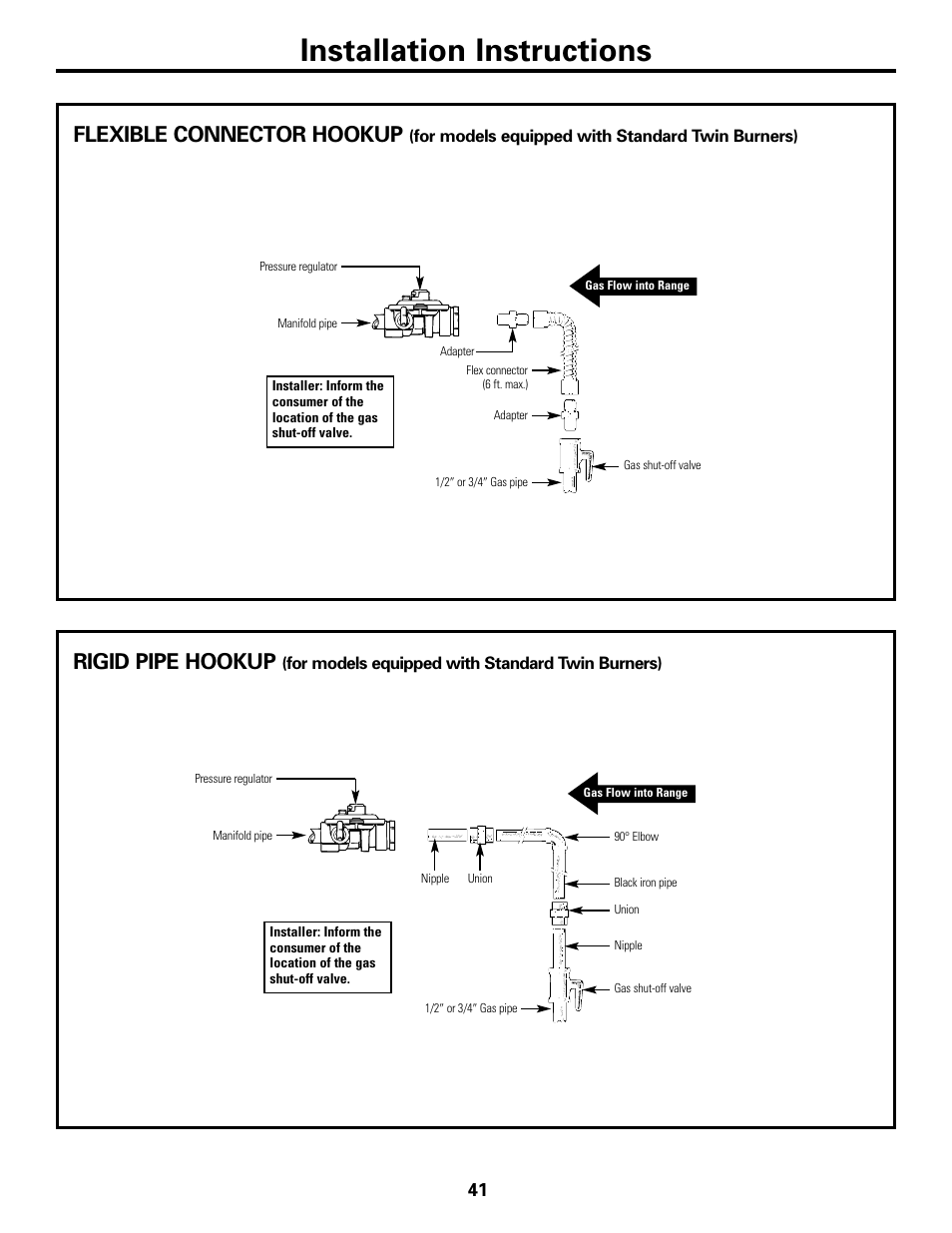 Installation instructions, Rigid pipe hookup, Flexible connector hookup | GE JGBP31 User Manual | Page 41 / 56