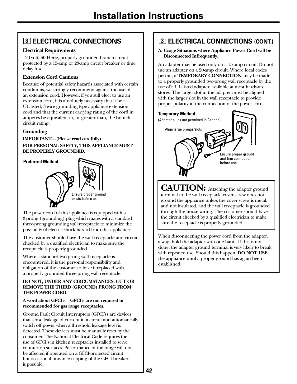 Electrical connections, Electrical connections , 43, Installation instructions | Caution | GE JGBP31 User Manual | Page 42 / 56