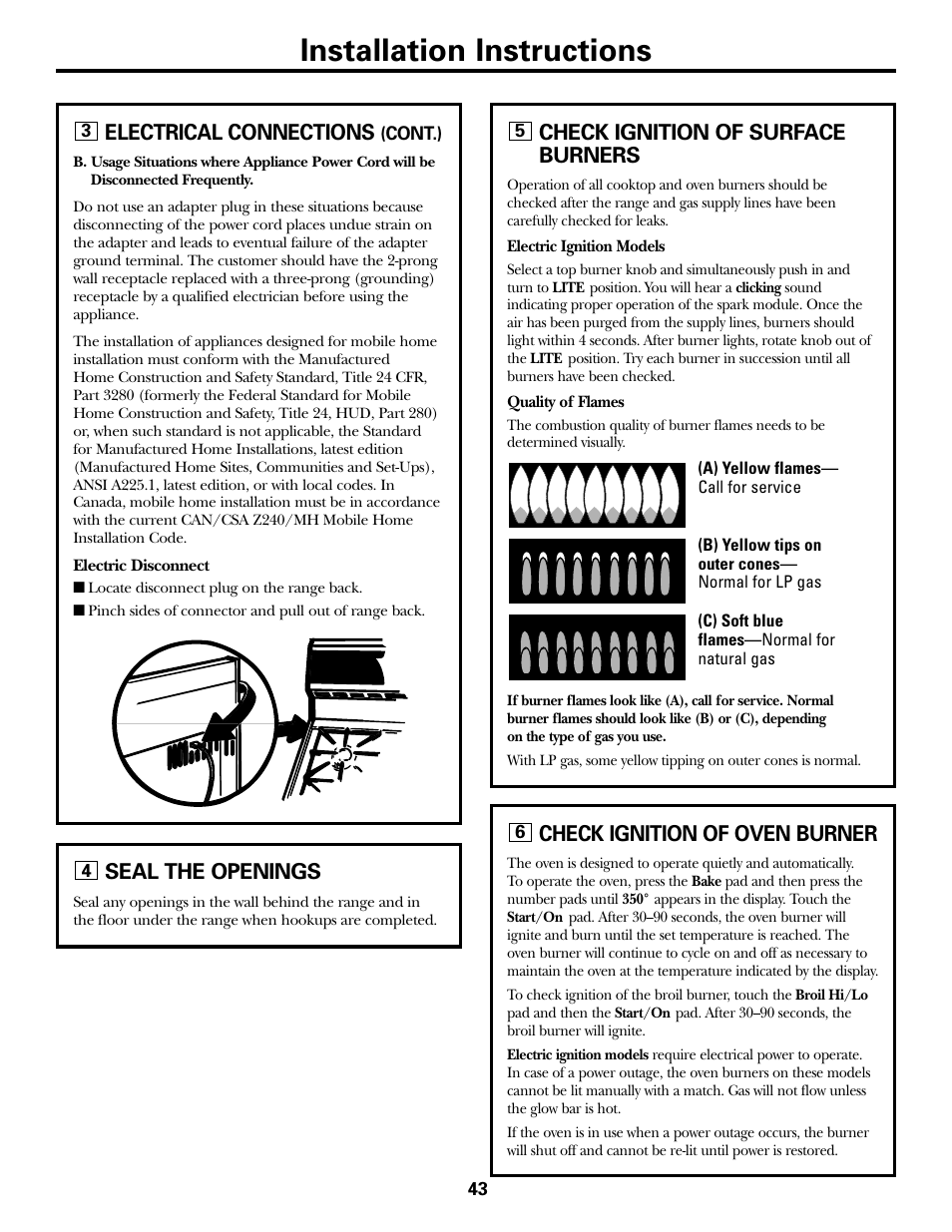 Checking burner ignition, Installation instructions, Electrical connections | Check ignition of surface burners, Seal the openings, Check ignition of oven burner | GE JGBP31 User Manual | Page 43 / 56