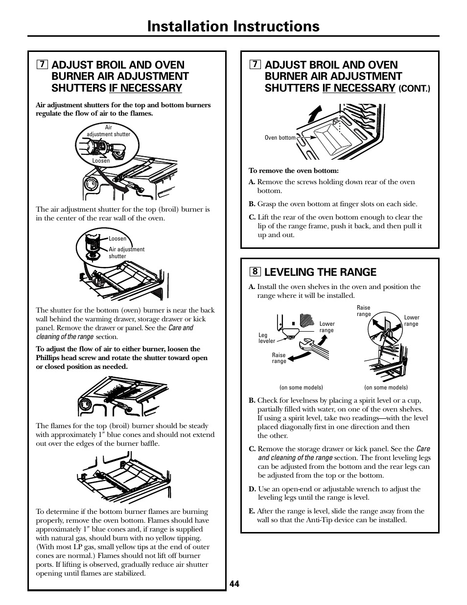 Air adjustment, Leveling the range, Installation instructions | GE JGBP31 User Manual | Page 44 / 56