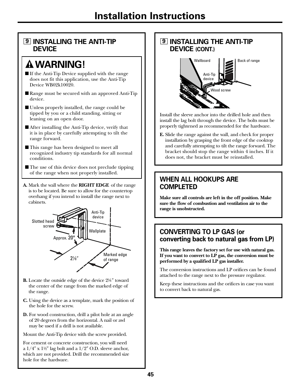 Installation instructions, Warning, Installing the anti-tip device | When all hookups are completed | GE JGBP31 User Manual | Page 45 / 56