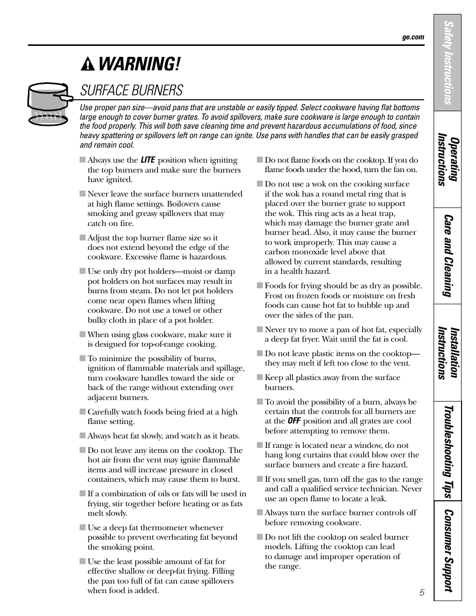 Warning, Surface burners | GE JGBP31 User Manual | Page 5 / 56