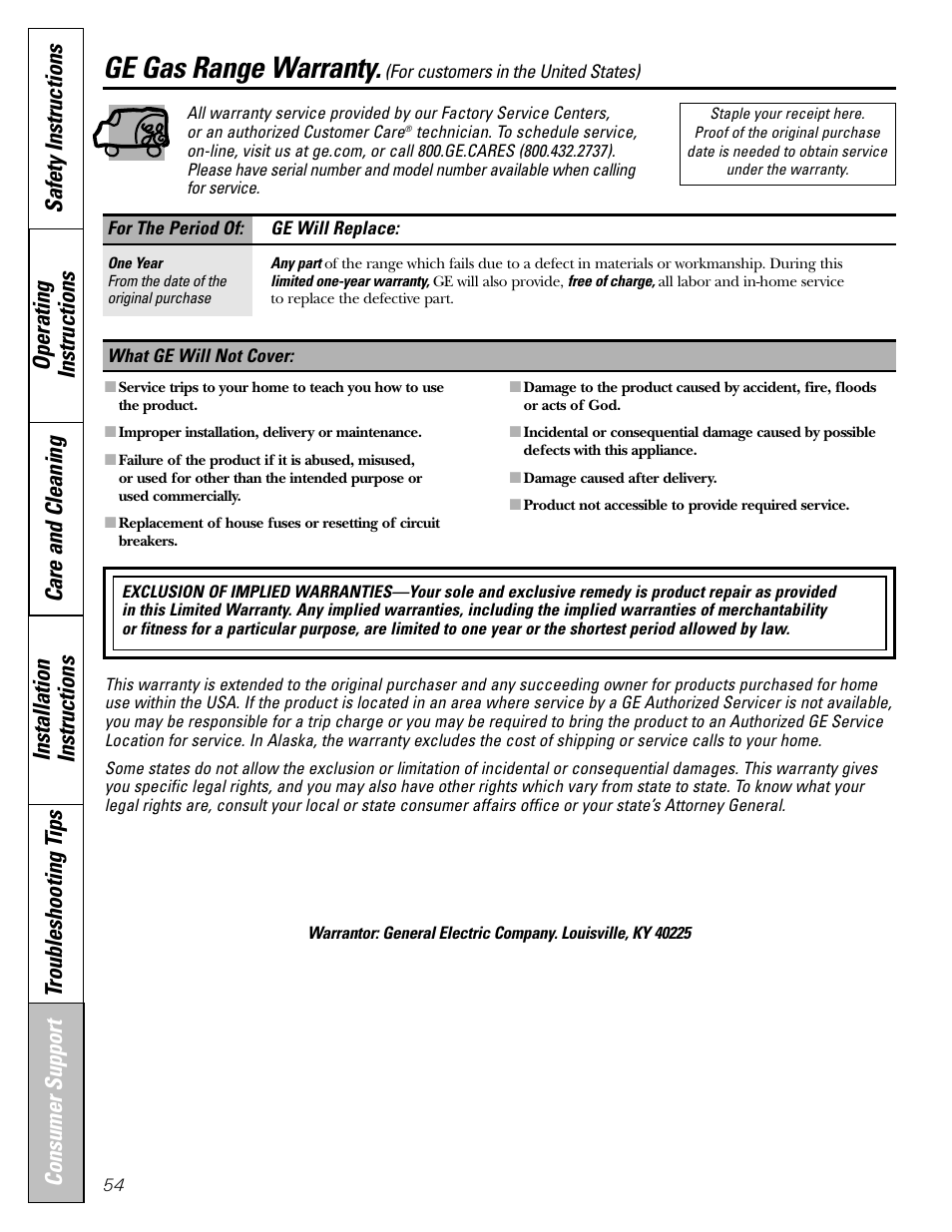 Warranty for customers in the u.s.a, Ge gas range warranty | GE JGBP31 User Manual | Page 54 / 56