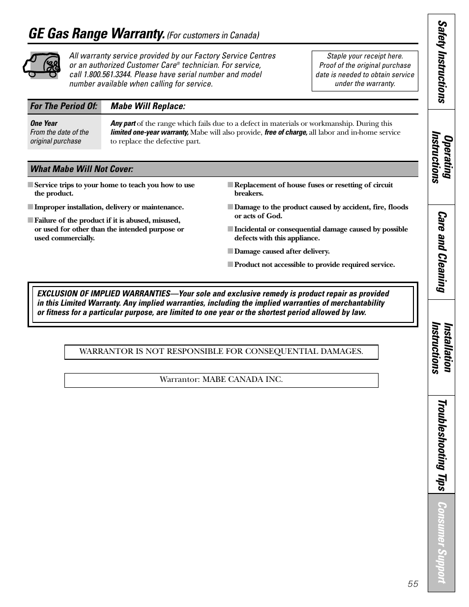 Warranty for customers in canada, Ge gas range warranty | GE JGBP31 User Manual | Page 55 / 56