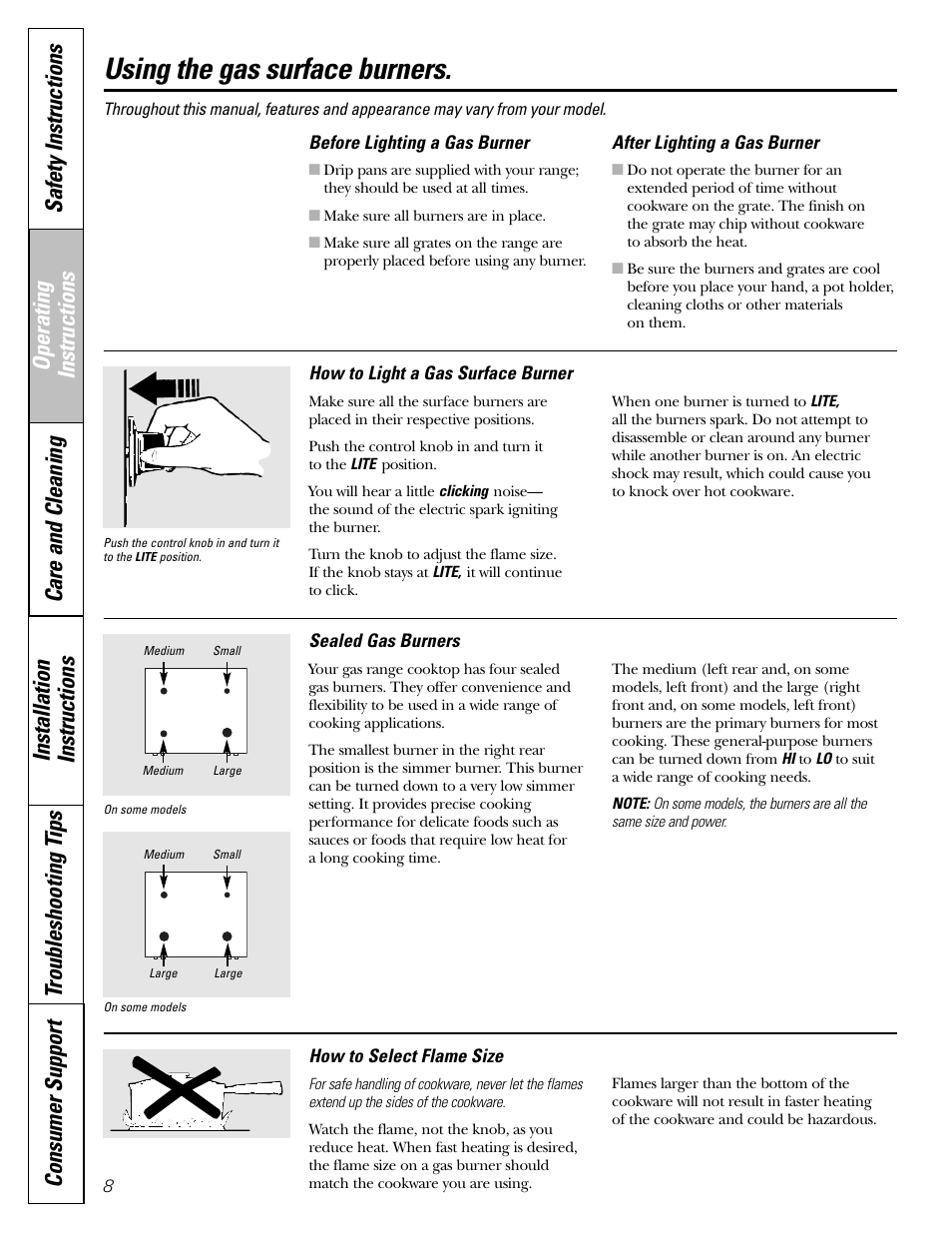 Surface cooking, Surface cooking , 9, Using the gas surface burners | GE JGBP31 User Manual | Page 8 / 56