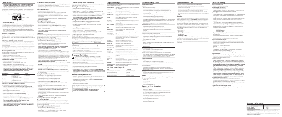 Troubleshooting guide, Causes of poor reception, Caller id (cid) | Changing the battery, Battery safety precautions, Display messages, Handset sound signals, General product care, Service, Limited warranty | GE 00019278 User Manual | Page 2 / 2