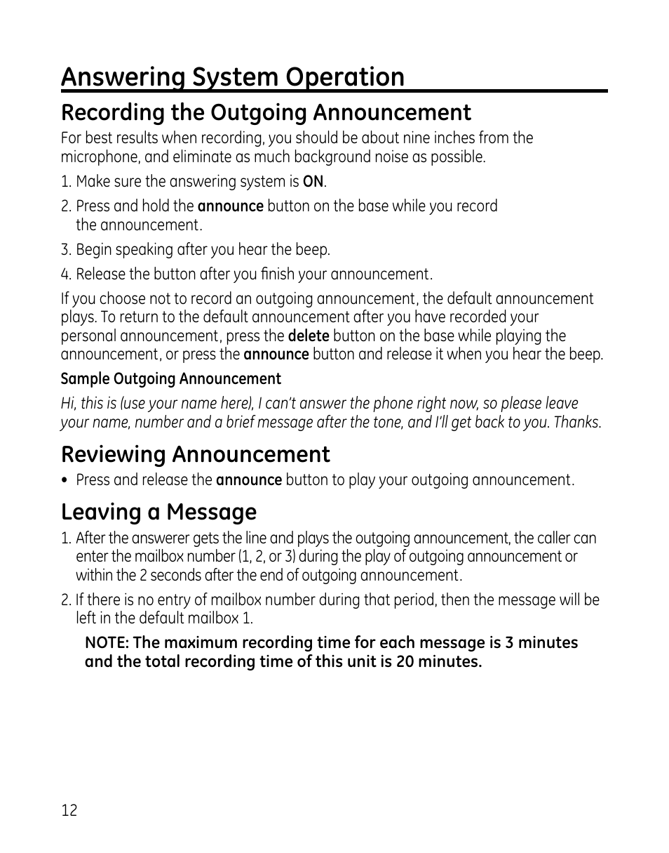 Answering system operation, Recording the outgoing announcement, Reviewing announcement | Leaving a message | GE 0005467 User Manual | Page 12 / 50