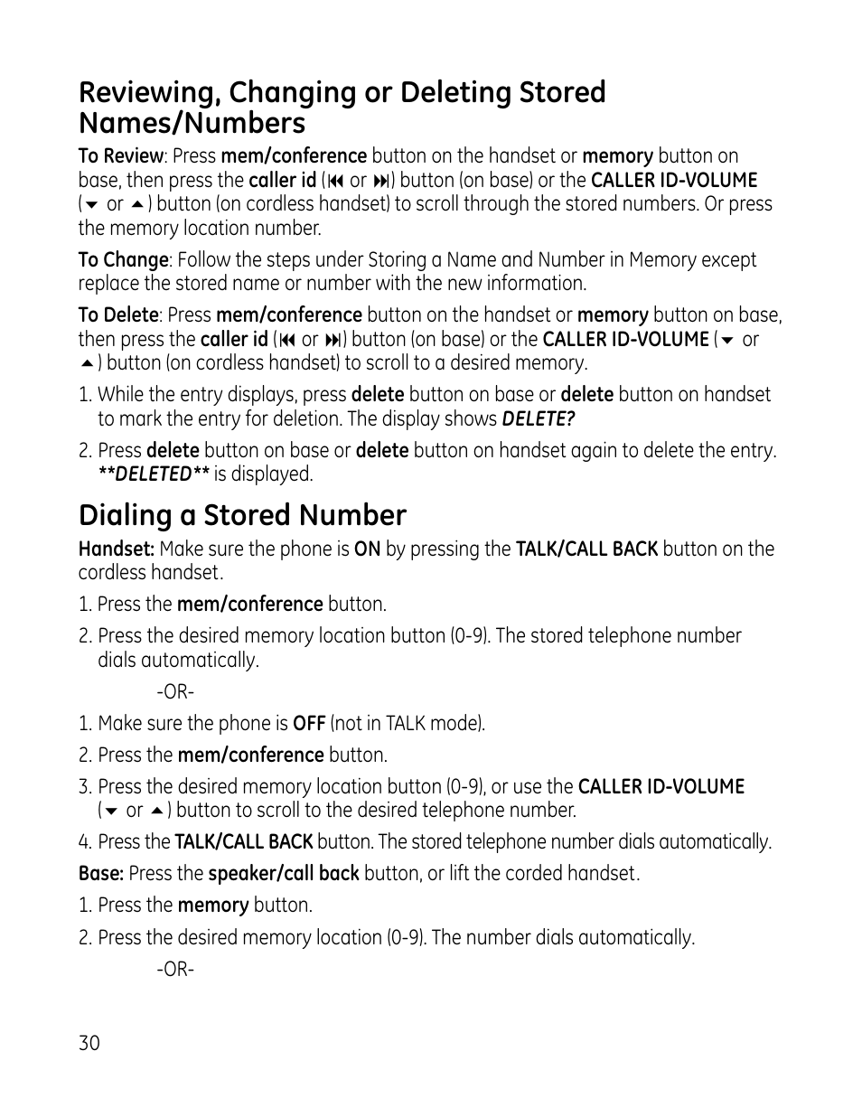 Dialing a stored number | GE 0005467 User Manual | Page 30 / 50