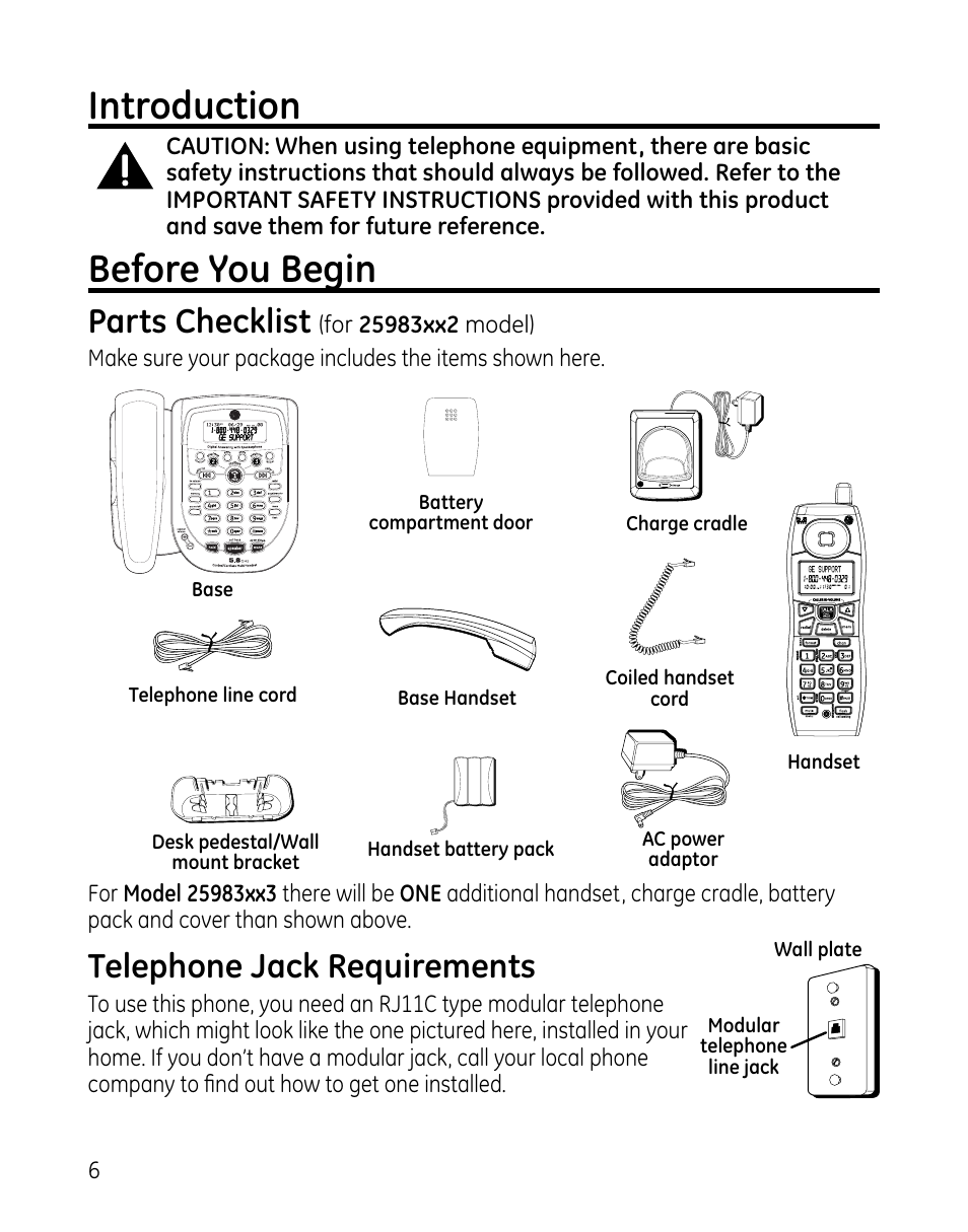 Introduction, Before you begin, Telephone jack requirements | Parts checklist | GE 0005467 User Manual | Page 6 / 50