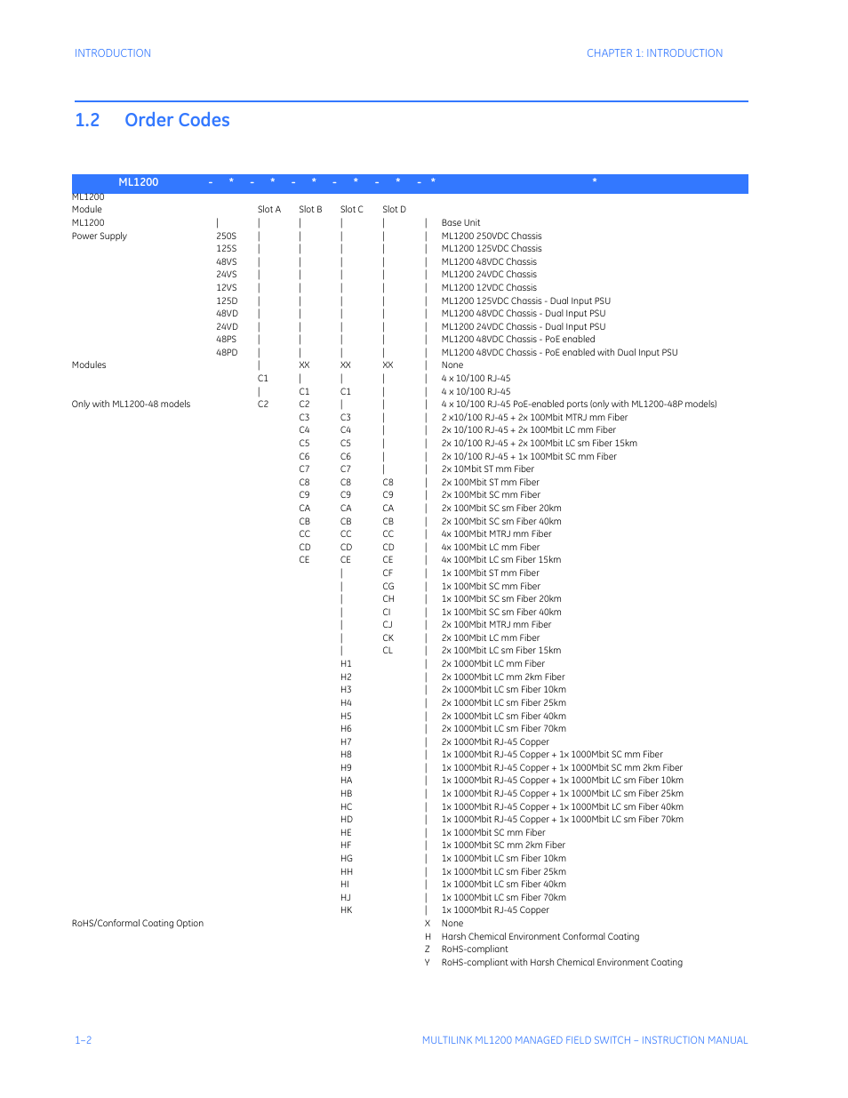 2 order codes, Order codes -2 | GE MULTILINK ML1200 User Manual | Page 10 / 344