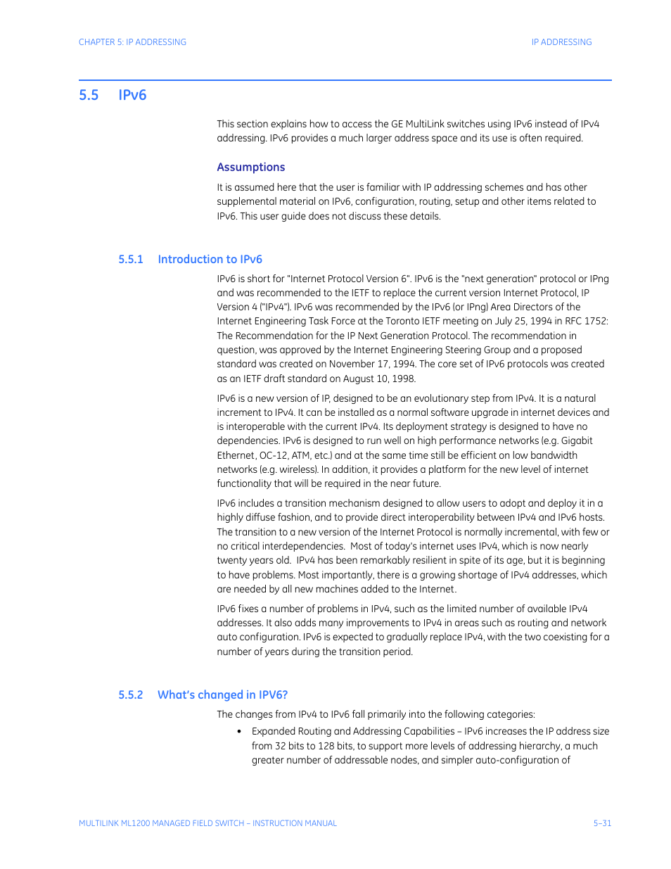 5 ipv6, 1 introduction to ipv6, 2 what’s changed in ipv6 | Ipv6 -31, Ntroduction, Changed, Ipv6? -31 | GE MULTILINK ML1200 User Manual | Page 103 / 344