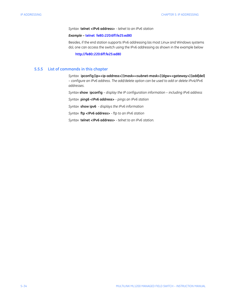 5 list of commands in this chapter, Commands, This | Chapter | GE MULTILINK ML1200 User Manual | Page 106 / 344
