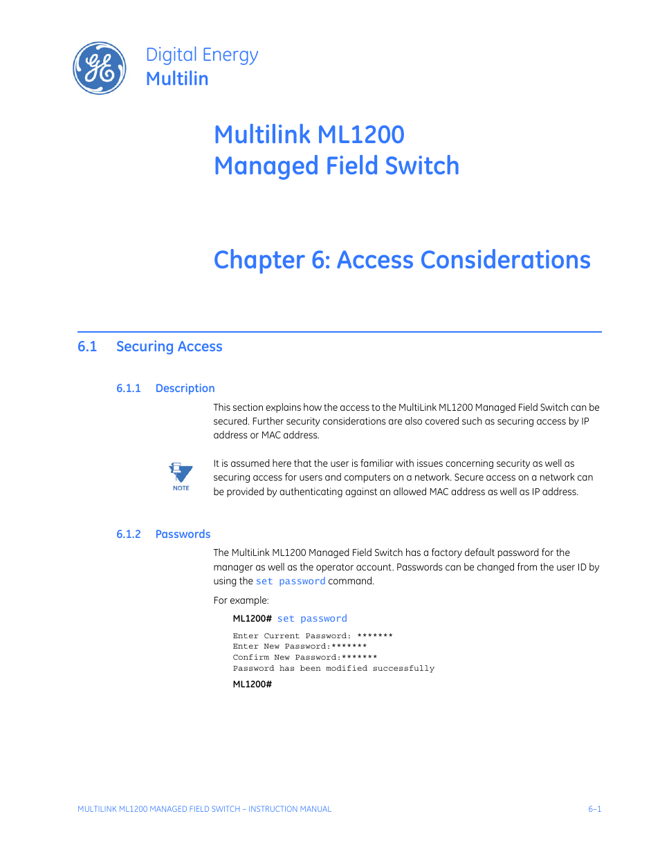 Access considerations, 1 securing access, 1 description | 2 passwords, Securing access -1, Escription, Asswords, Digital energy multilin | GE MULTILINK ML1200 User Manual | Page 107 / 344
