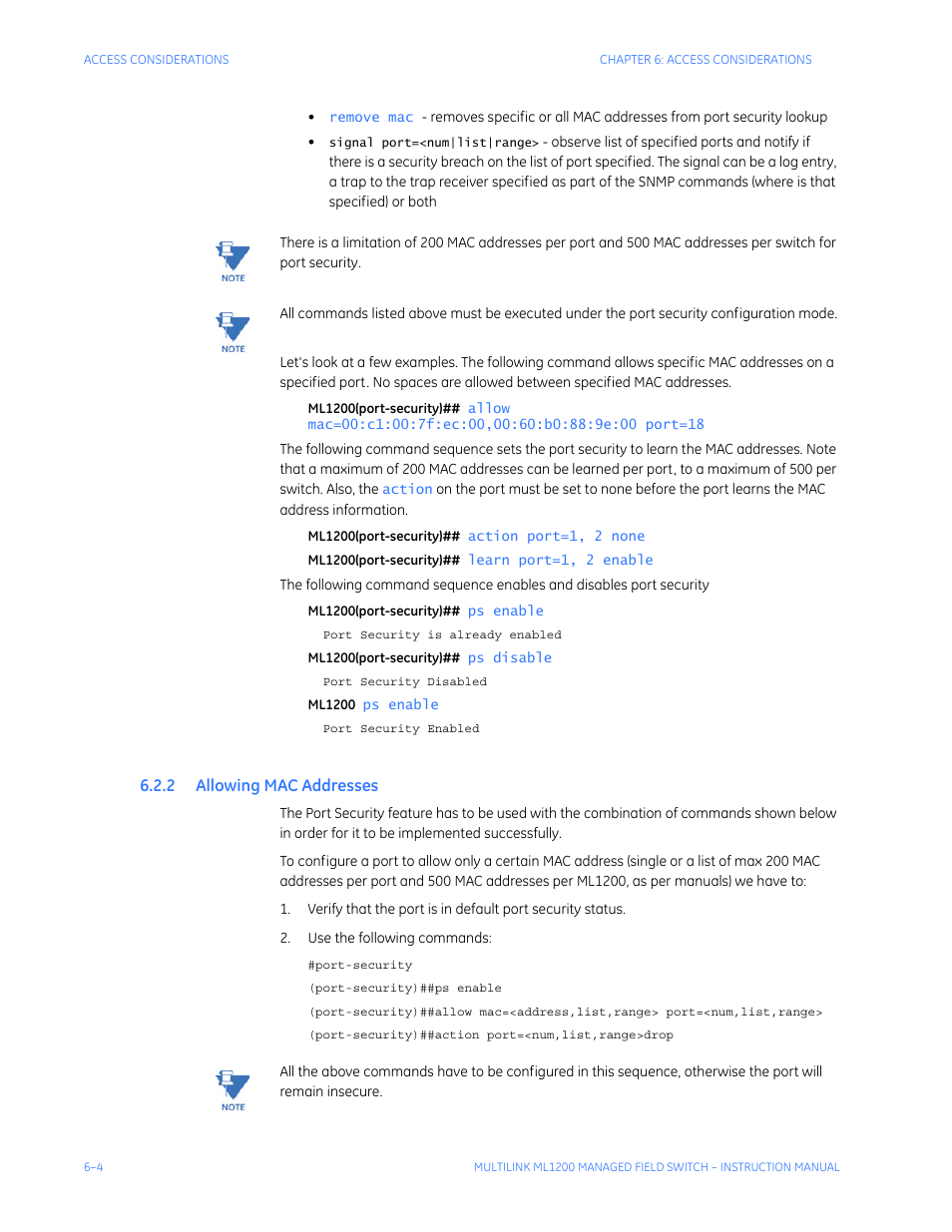 2 allowing mac addresses, Llowing, Mac a | Ddresses | GE MULTILINK ML1200 User Manual | Page 110 / 344