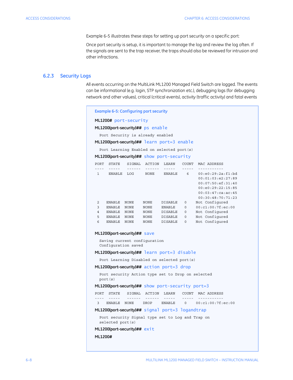 3 security logs, Ecurity | GE MULTILINK ML1200 User Manual | Page 114 / 344