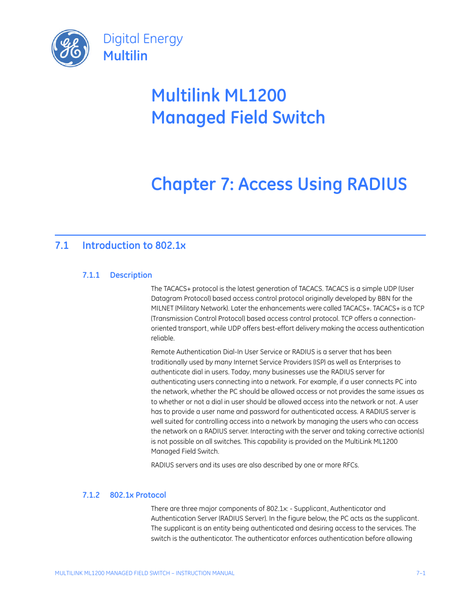 Access using radius, 1 introduction to 802.1x, 1 description | 2 802.1x protocol, Introduction to 802.1x -1, Escription, Rotocol, Digital energy multilin | GE MULTILINK ML1200 User Manual | Page 125 / 344