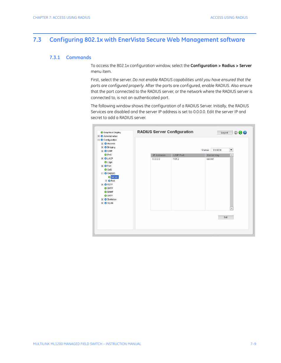 1 commands, Configuring 802.1x with enervista secure, Web management software -9 | Ommands | GE MULTILINK ML1200 User Manual | Page 133 / 344