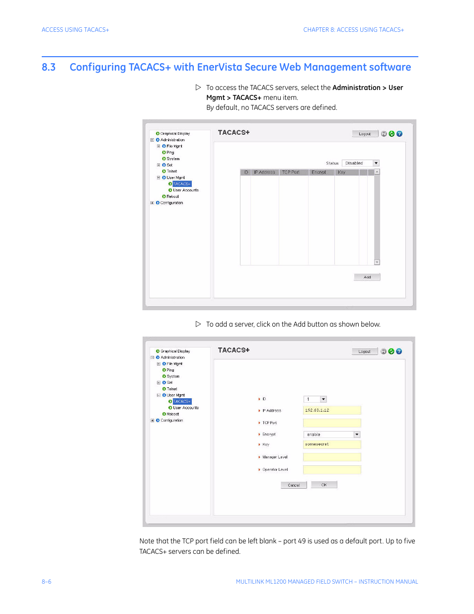 Configuring tacacs+ with enervista secure, Web management software -6 | GE MULTILINK ML1200 User Manual | Page 144 / 344