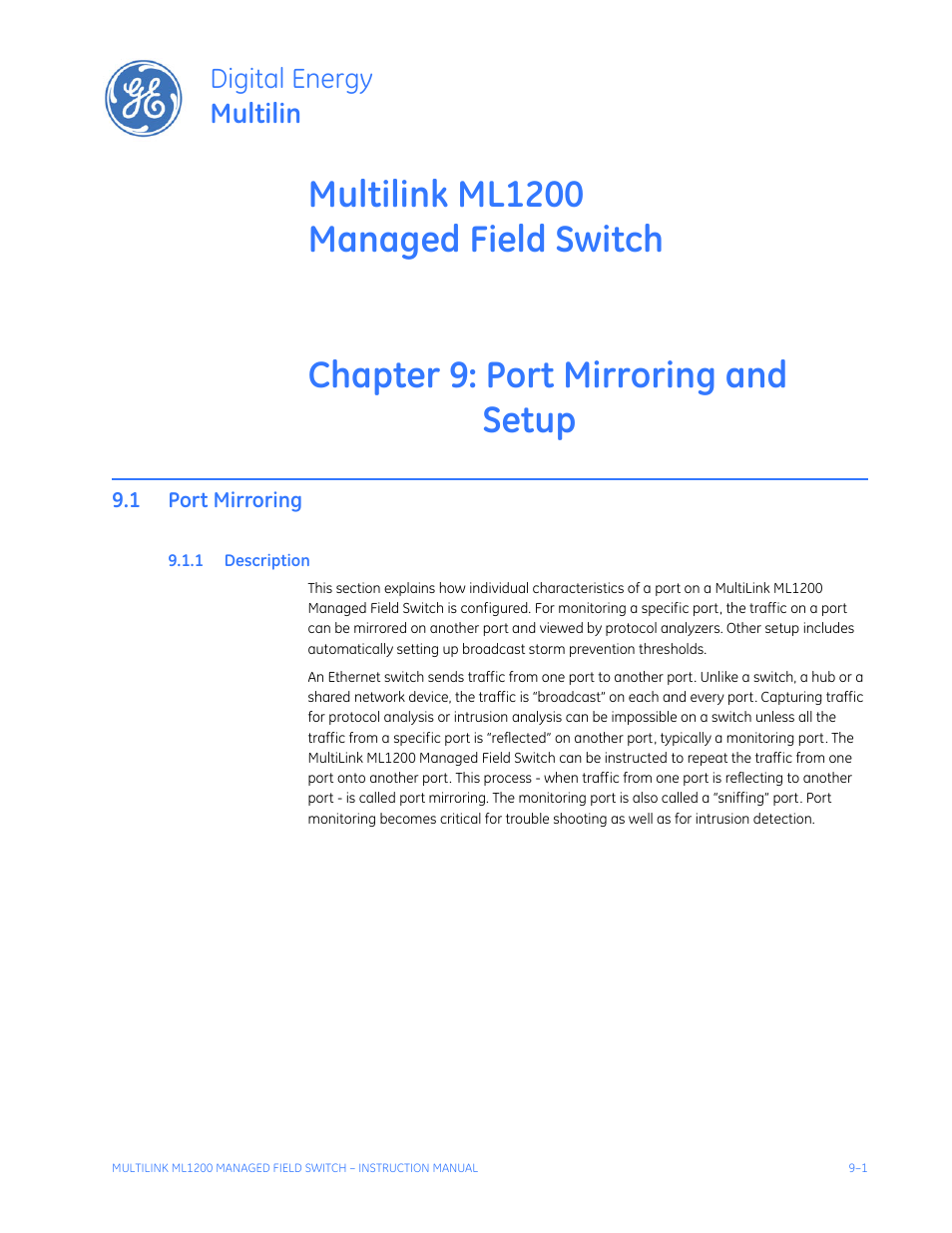 Port mirroring and setup, 1 port mirroring, 1 description | Port mirroring -1, Escription, Digital energy multilin | GE MULTILINK ML1200 User Manual | Page 147 / 344