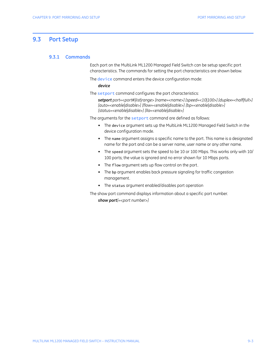 3 port setup, 1 commands, Port setup -3 | Ommands | GE MULTILINK ML1200 User Manual | Page 149 / 344