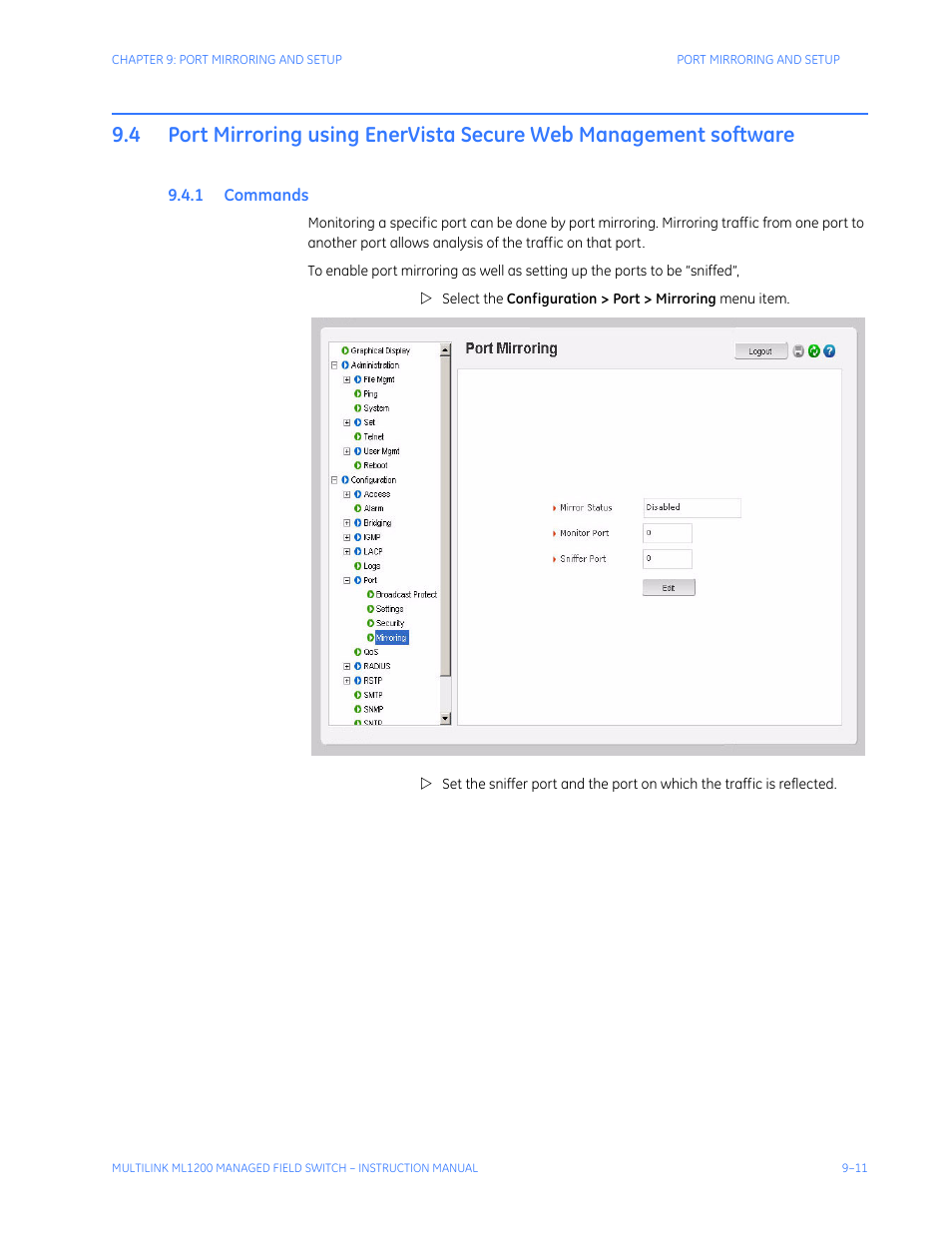 1 commands, Port mirroring using enervista secure, Web management software -11 | Ommands | GE MULTILINK ML1200 User Manual | Page 157 / 344