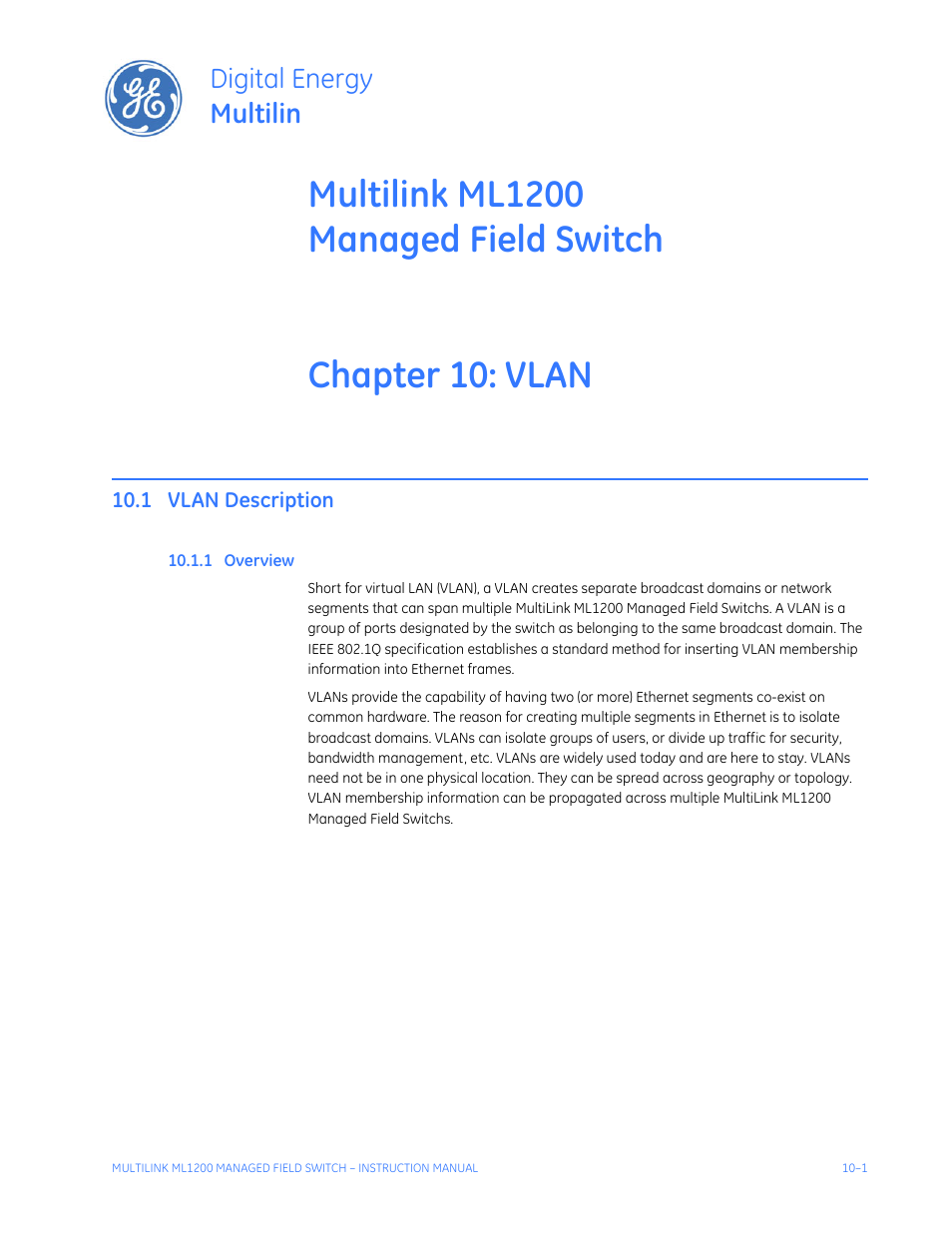 Vlan, 1 vlan description, 1 overview | Vlan description -1, Verview, Digital energy multilin | GE MULTILINK ML1200 User Manual | Page 163 / 344