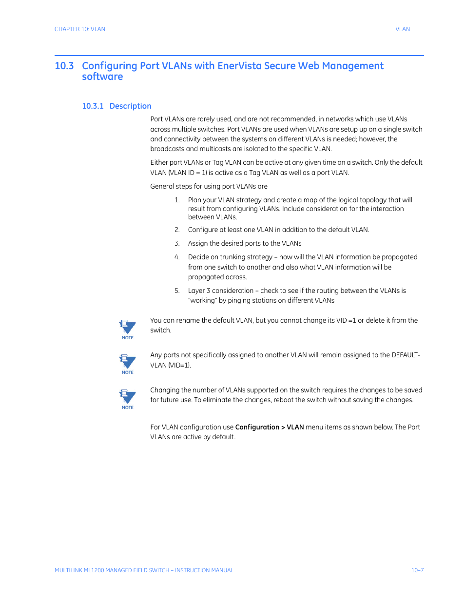 1 description, Configuring port vlans with enervista secure, Web management software -7 | Escription | GE MULTILINK ML1200 User Manual | Page 169 / 344