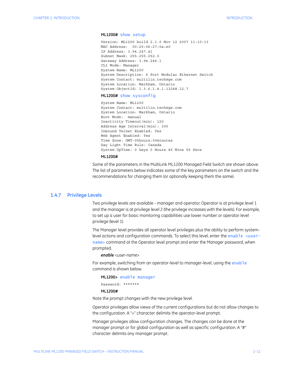 7 privilege levels, Rivilege, Evels | GE MULTILINK ML1200 User Manual | Page 19 / 344