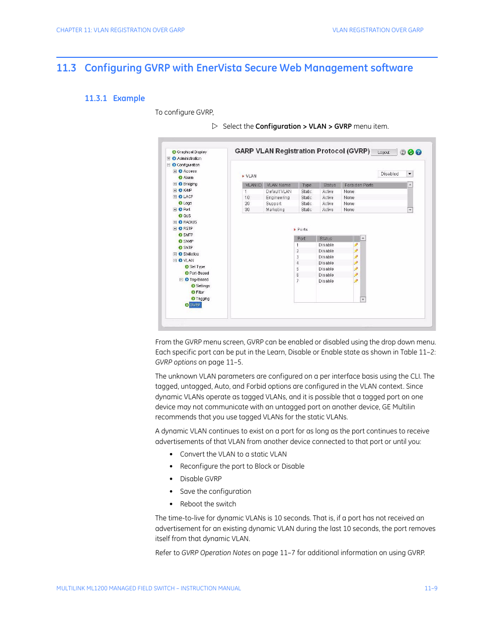 1 example, Configuring gvrp with enervista secure, Web management software -9 | Xample | GE MULTILINK ML1200 User Manual | Page 195 / 344