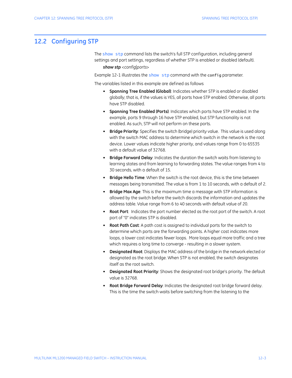 2 configuring stp, Configuring stp -3 | GE MULTILINK ML1200 User Manual | Page 199 / 344
