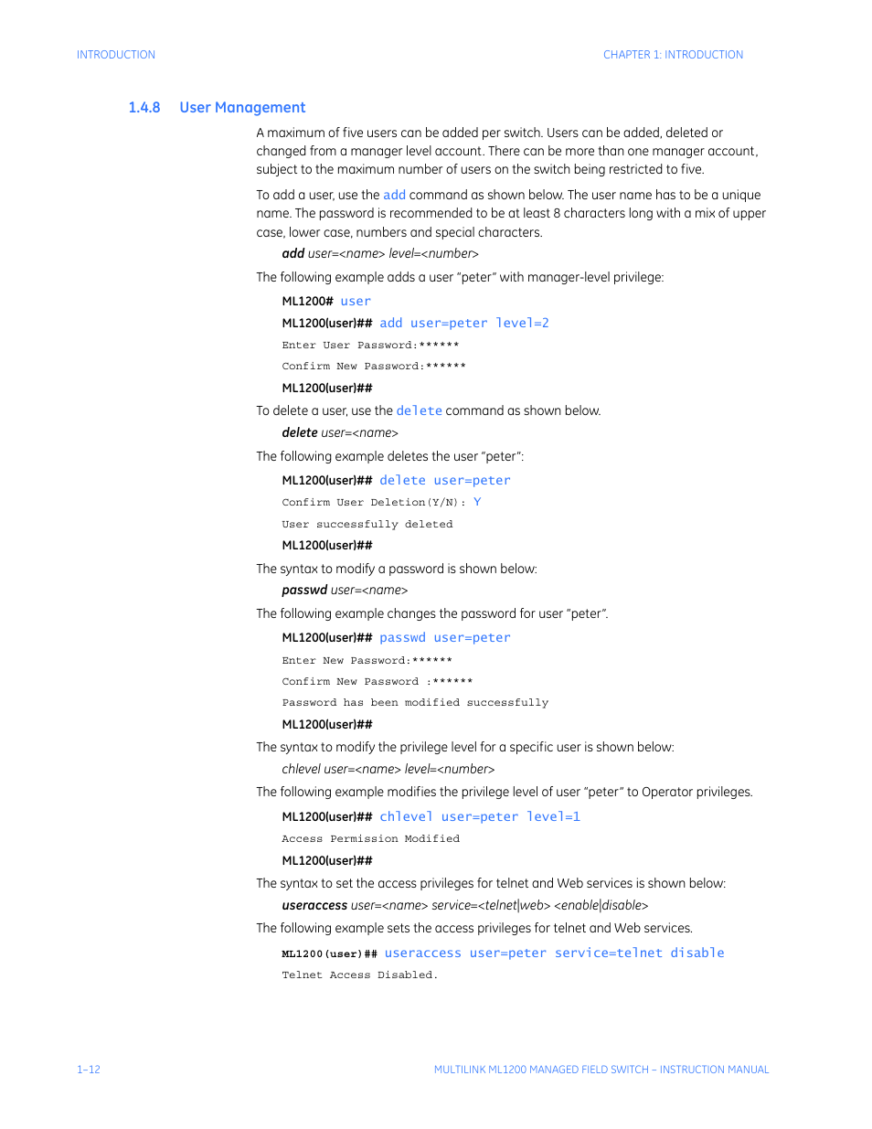 8 user management, Anagement | GE MULTILINK ML1200 User Manual | Page 20 / 344