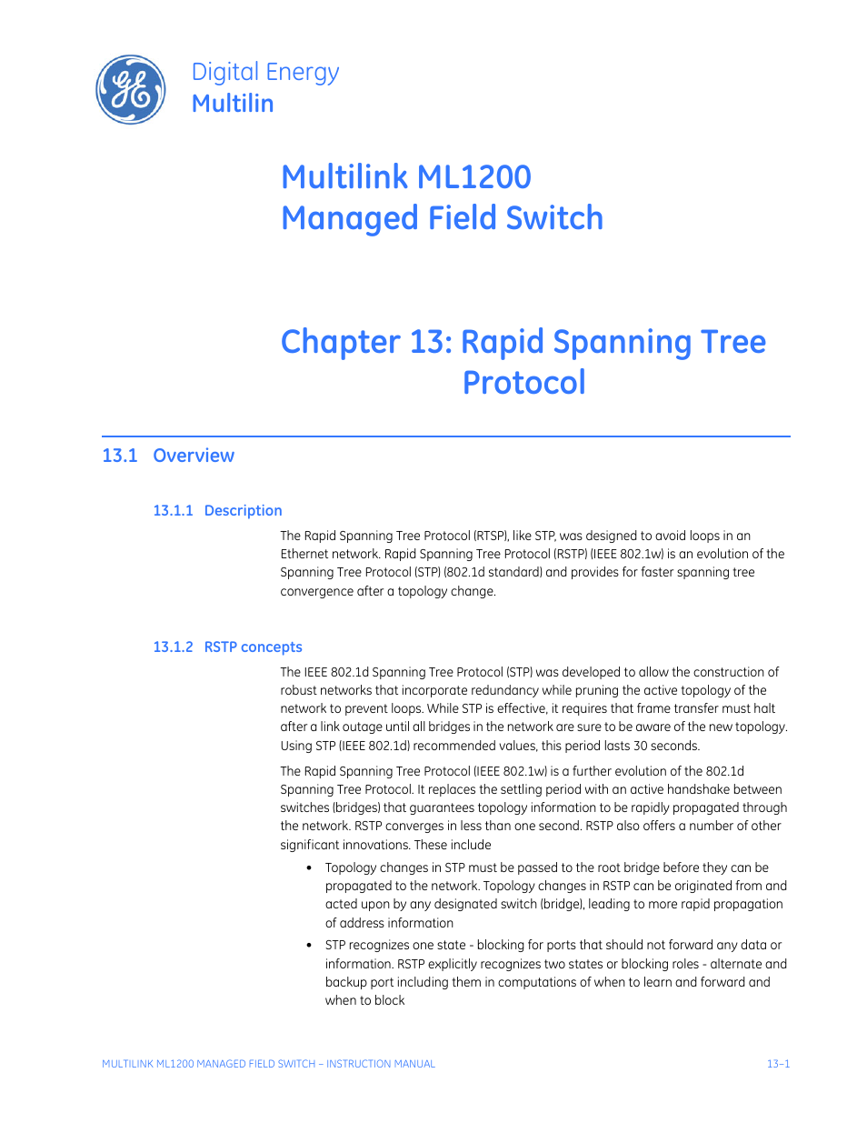Rapid spanning tree protocol, 1 overview, 1 description | 2 rstp concepts, Overview -1, Escription, Rstp, Concepts, Digital energy multilin | GE MULTILINK ML1200 User Manual | Page 209 / 344
