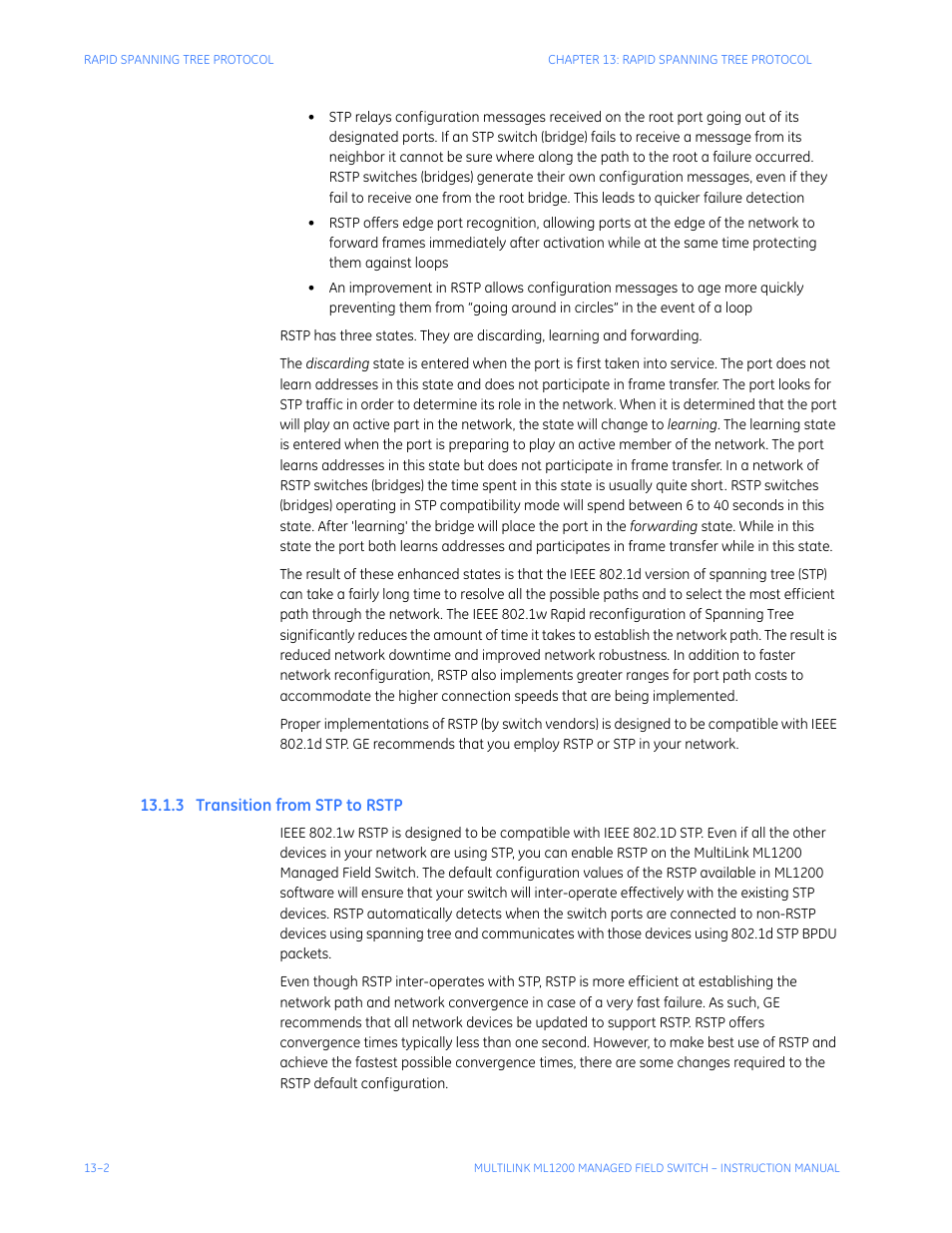 3 transition from stp to rstp, Ransition, From | Rstp -2 | GE MULTILINK ML1200 User Manual | Page 210 / 344