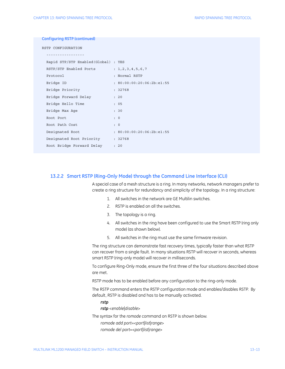 Mart, Rstp (r, Through | Ommand, Nterface, Cli) -13 | GE MULTILINK ML1200 User Manual | Page 221 / 344