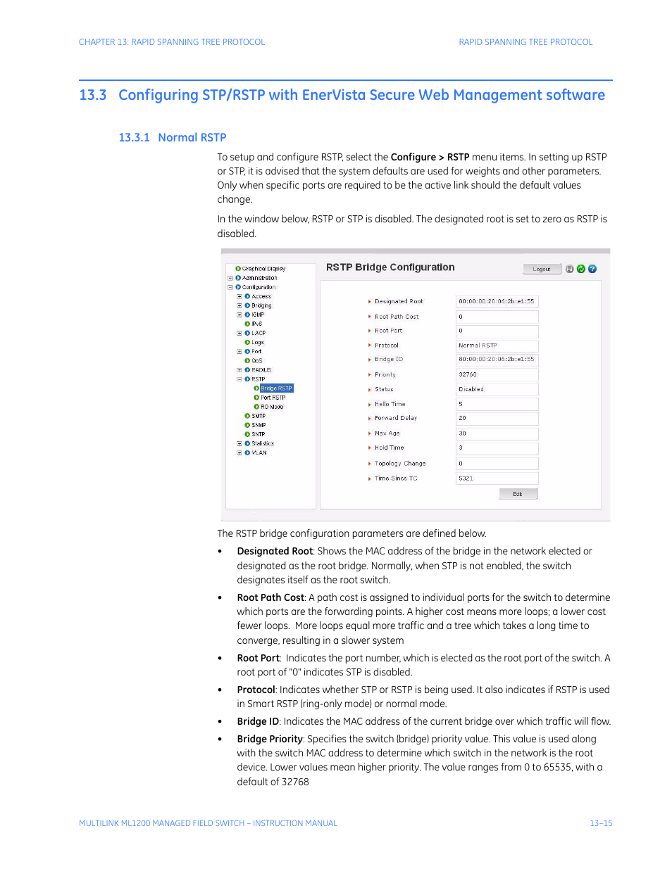 1 normal rstp, Configuring stp/rstp with enervista secure, Web management software -15 | Ormal, Rstp -15 | GE MULTILINK ML1200 User Manual | Page 223 / 344