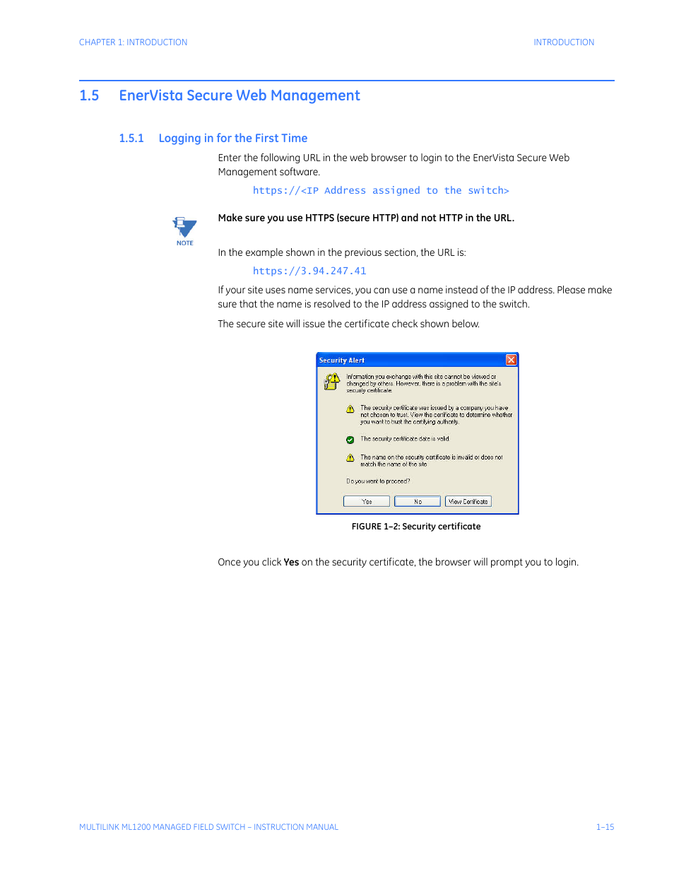 5 enervista secure web management, 1 logging in for the first time, Enervista secure web management -15 | Ogging, Irst | GE MULTILINK ML1200 User Manual | Page 23 / 344