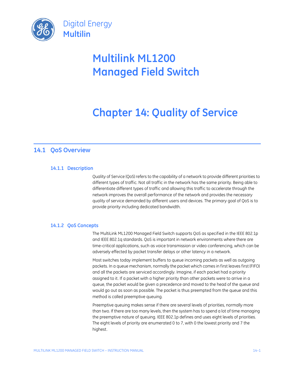 Quality of service, 1 qos overview, 1 description | 2 qos concepts, Qos overview -1, Escription, Oncepts, Digital energy multilin | GE MULTILINK ML1200 User Manual | Page 231 / 344