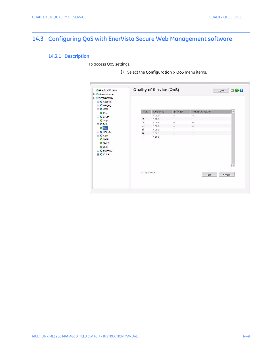1 description, Configuring qos with enervista secure, Web management software -9 | Escription | GE MULTILINK ML1200 User Manual | Page 239 / 344