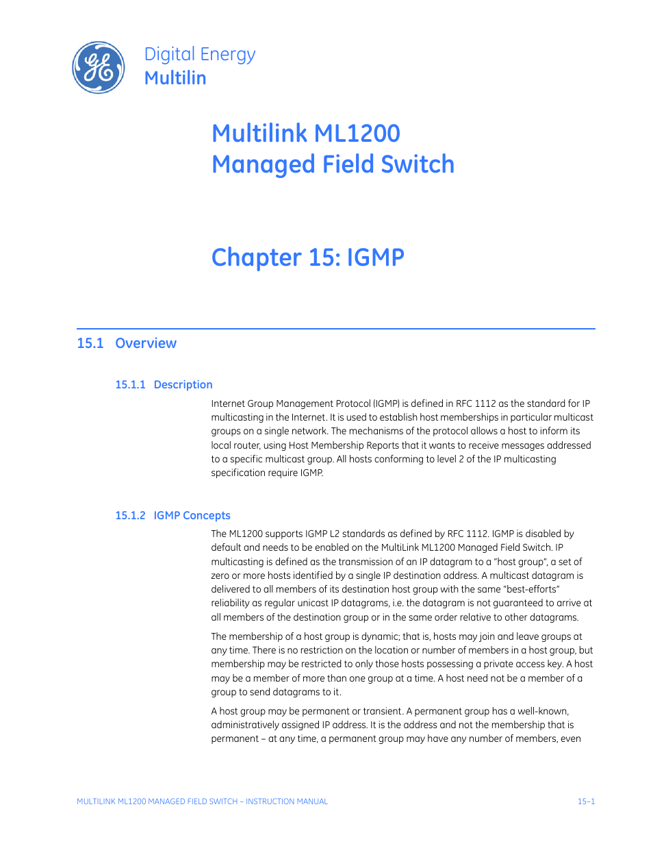 Igmp, 1 overview, 1 description | 2 igmp concepts, Overview -1, Escription, Igmp c, Oncepts, Digital energy multilin | GE MULTILINK ML1200 User Manual | Page 243 / 344
