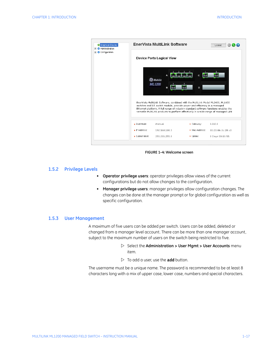 2 privilege levels, 3 user management, Rivilege | Evels, Anagement | GE MULTILINK ML1200 User Manual | Page 25 / 344
