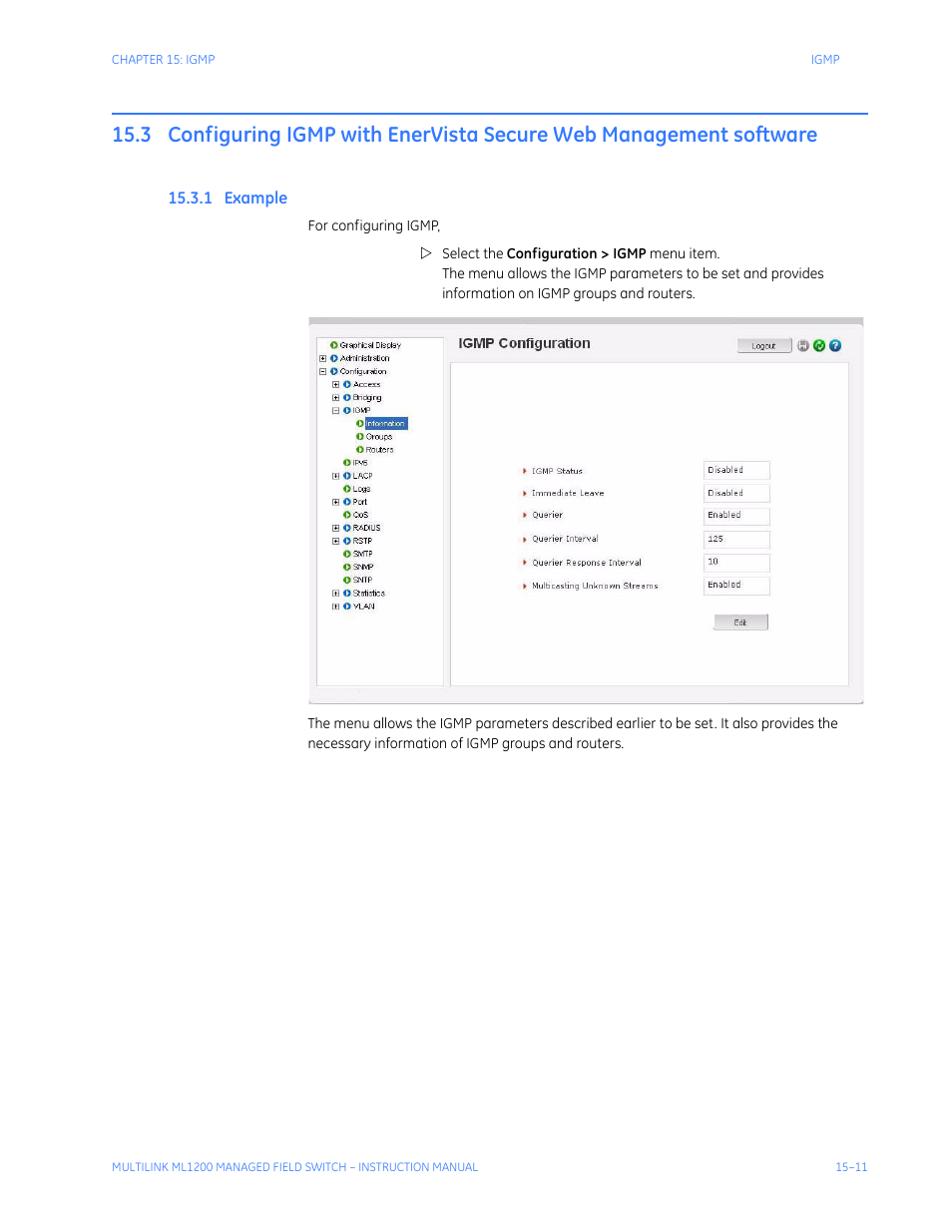 1 example, Configuring igmp with enervista secure, Web management software -11 | Xample | GE MULTILINK ML1200 User Manual | Page 253 / 344