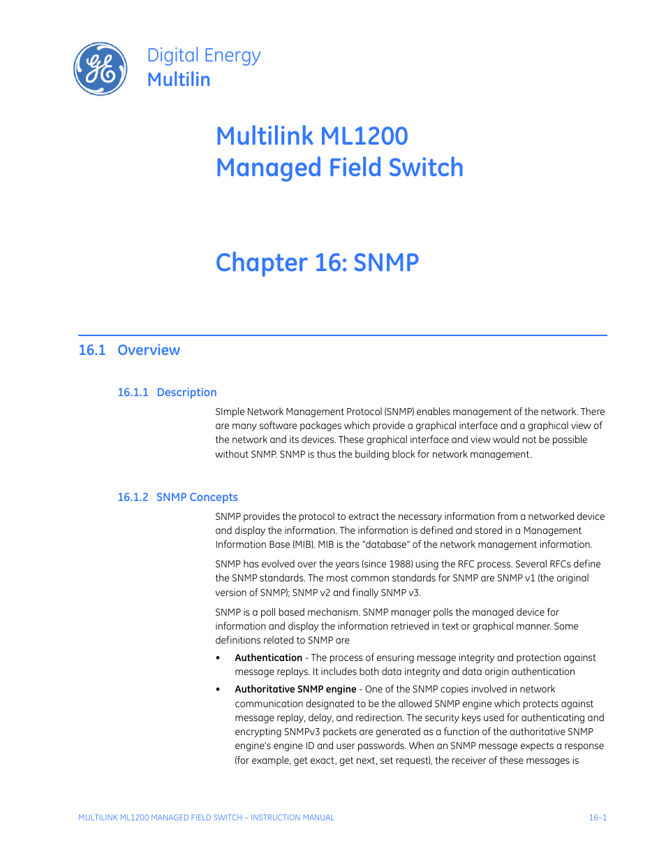 Snmp, 1 overview, 1 description | 2 snmp concepts, Overview -1, Escription, Snmp c, Oncepts, Digital energy multilin | GE MULTILINK ML1200 User Manual | Page 255 / 344