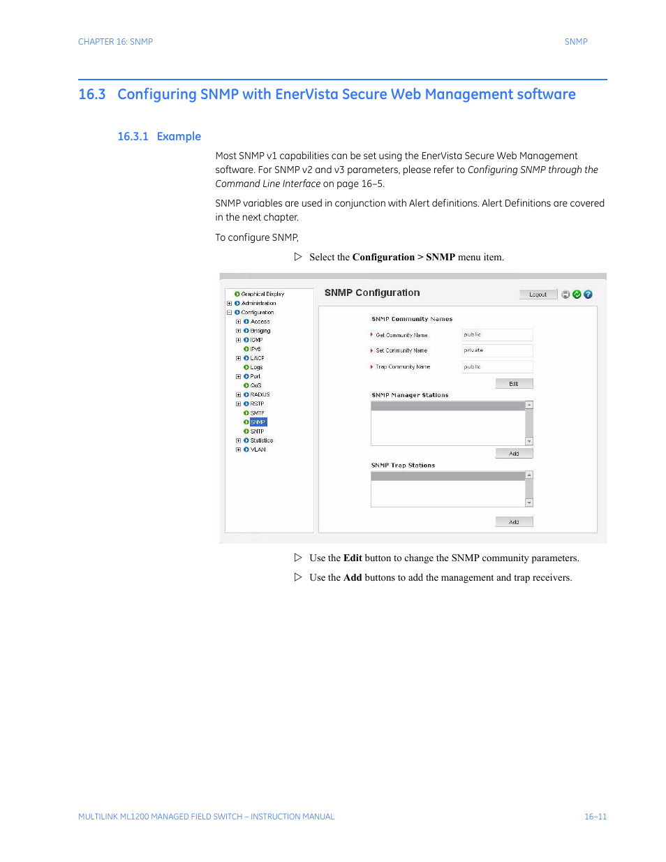 1 example, Configuring snmp with enervista secure, Web management software -11 | Xample | GE MULTILINK ML1200 User Manual | Page 265 / 344