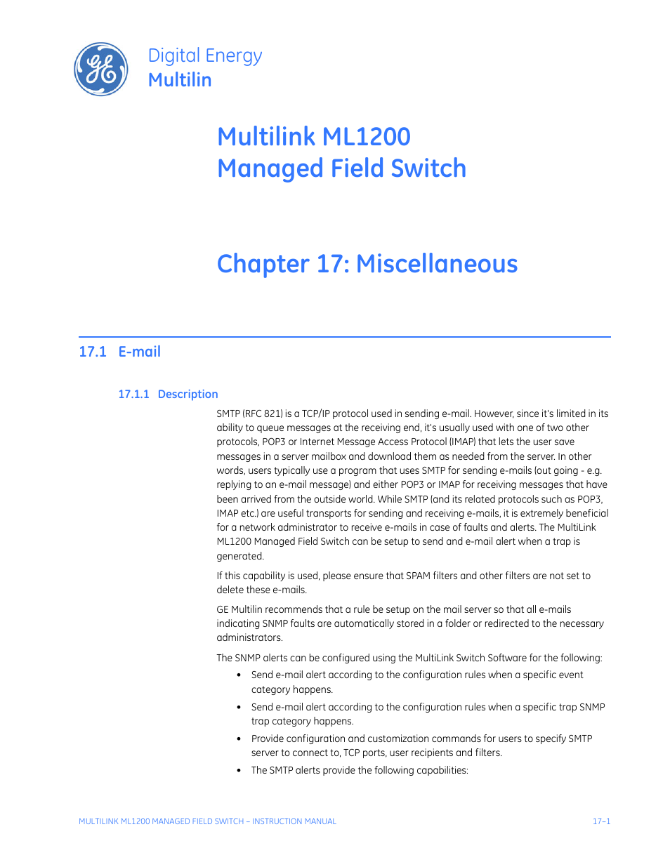 Miscellaneous commands, 1 e-mail, 1 description | E-mail -1, Escription, Digital energy multilin | GE MULTILINK ML1200 User Manual | Page 271 / 344